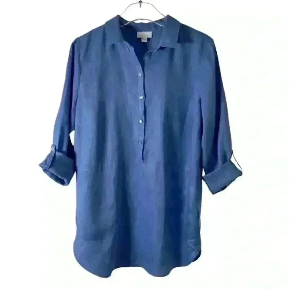 J.Jill Women's Blue Linen Tab-Sleeve Tunic SIZE-SMALL